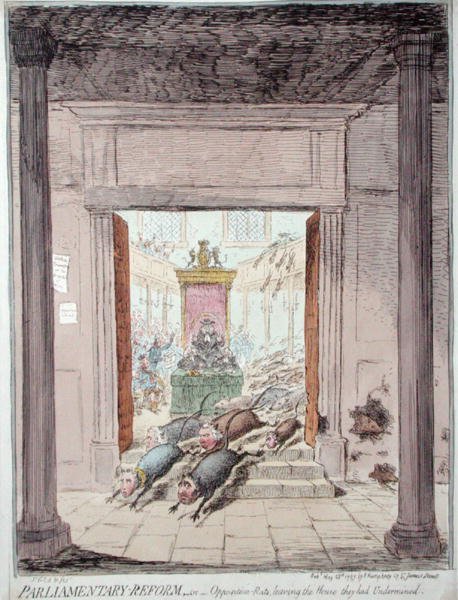 الإصلاح البرلماني ، أو فئران المعارضة تغادر المنزل الذي قوضته ، نشرته هانا همفري في عام 1797 (نقش ملون يدويًا) بواسطة جيمس جيلراي