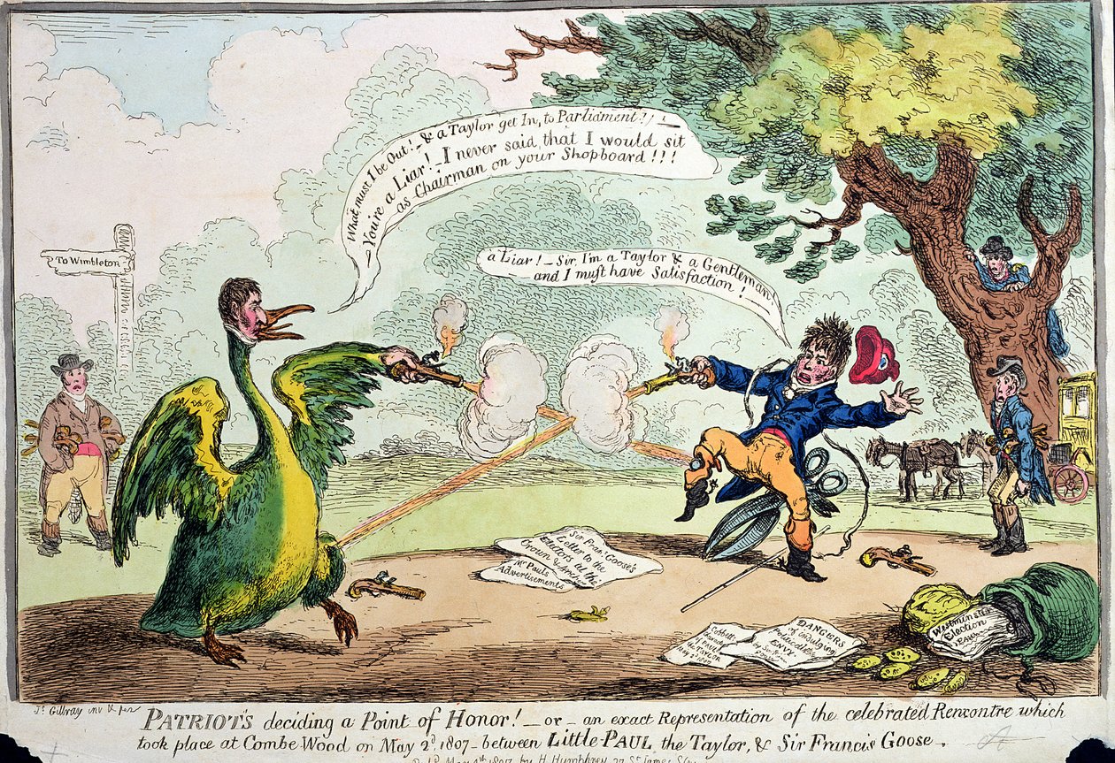الوطنيون يقررون نقطة الشرف! أو تمثيل دقيق لـ Rencontre الذي أقيم في Coombe Wood في 2 مايو 1807 بين Little Paul the Taylor und Sir Francis Goose ، نشرته Hannah بواسطة جيمس جيلراي