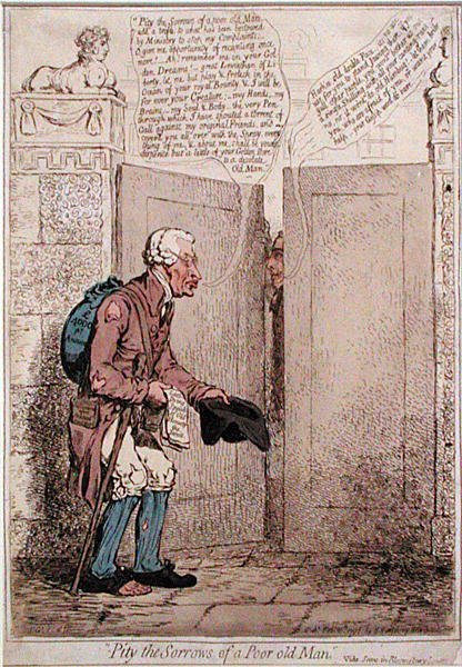 أشفق على أحزان رجل عجوز فقير ، نشرته هانا همفري عام 1796 (نقش ملون يدويًا) بواسطة جيمس جيلراي