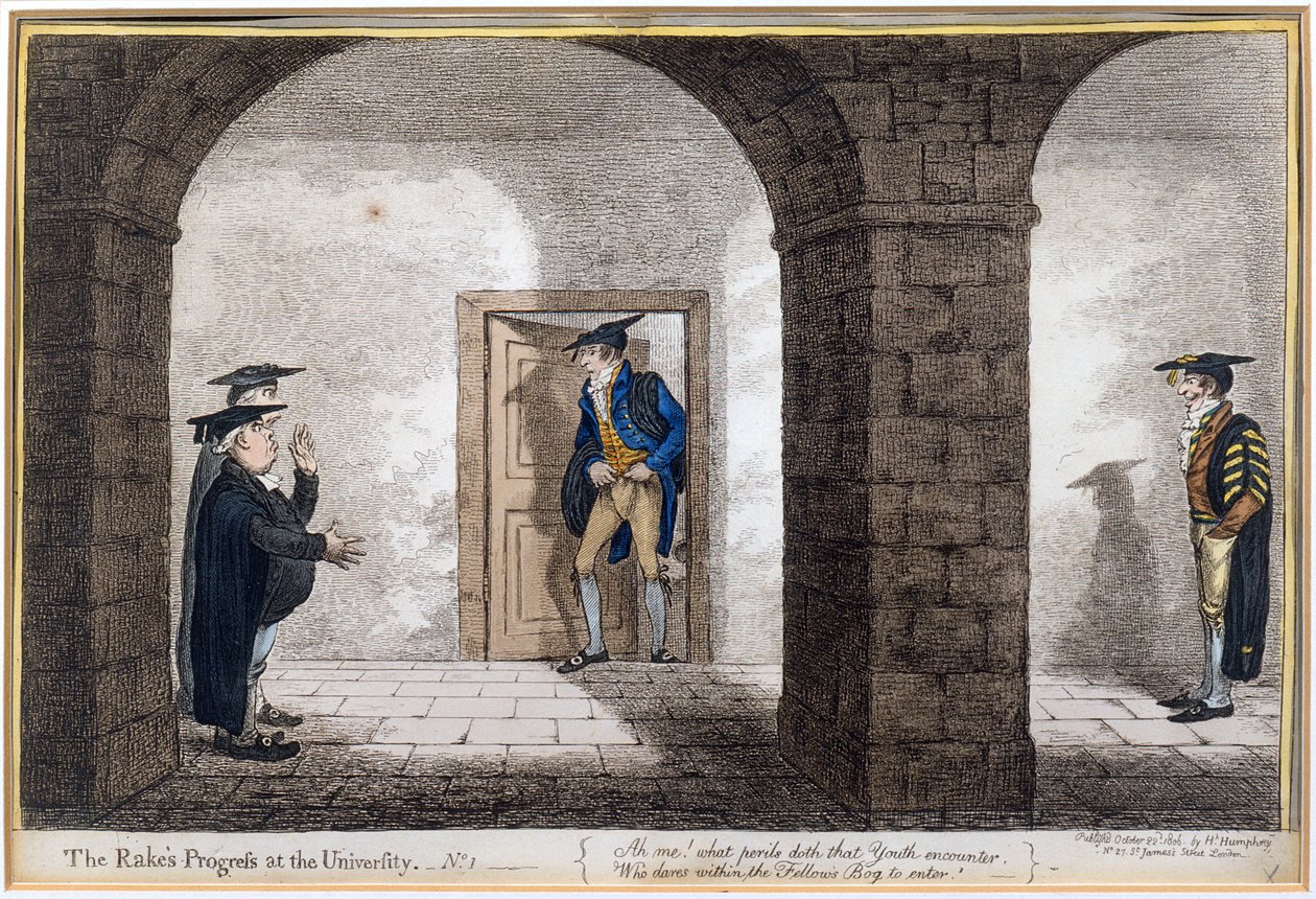 اللوحة 1 من "تقدم Rake&39;s في الجامعة ، التي نشرتها هانا همفري في عام 1806 (النقش الملون يدويًا) بواسطة جيمس جيلراي