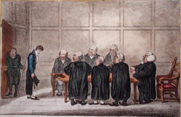 اللوحة 5 من "The Rake's Progress at the University" ، التي نشرتها هانا همفري عام 1806 (نقش ملون يدويًا) بواسطة جيمس جيلراي