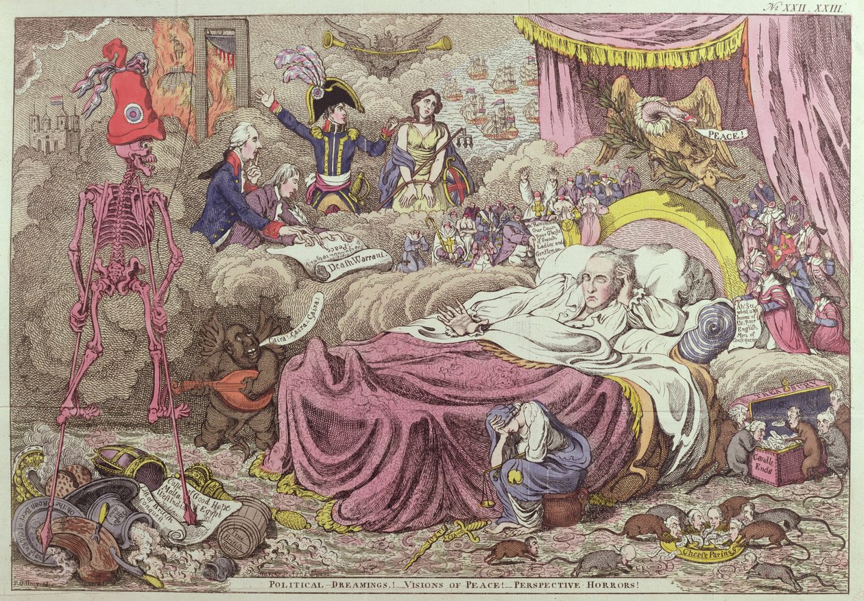 "الحلم السياسي ، رؤى السلام ، الرعب المستقبلي" ، كاريكاتير عن سلام أميان ، 25 مارس 1802 (نقش الألوان) بواسطة جيمس جيلراي