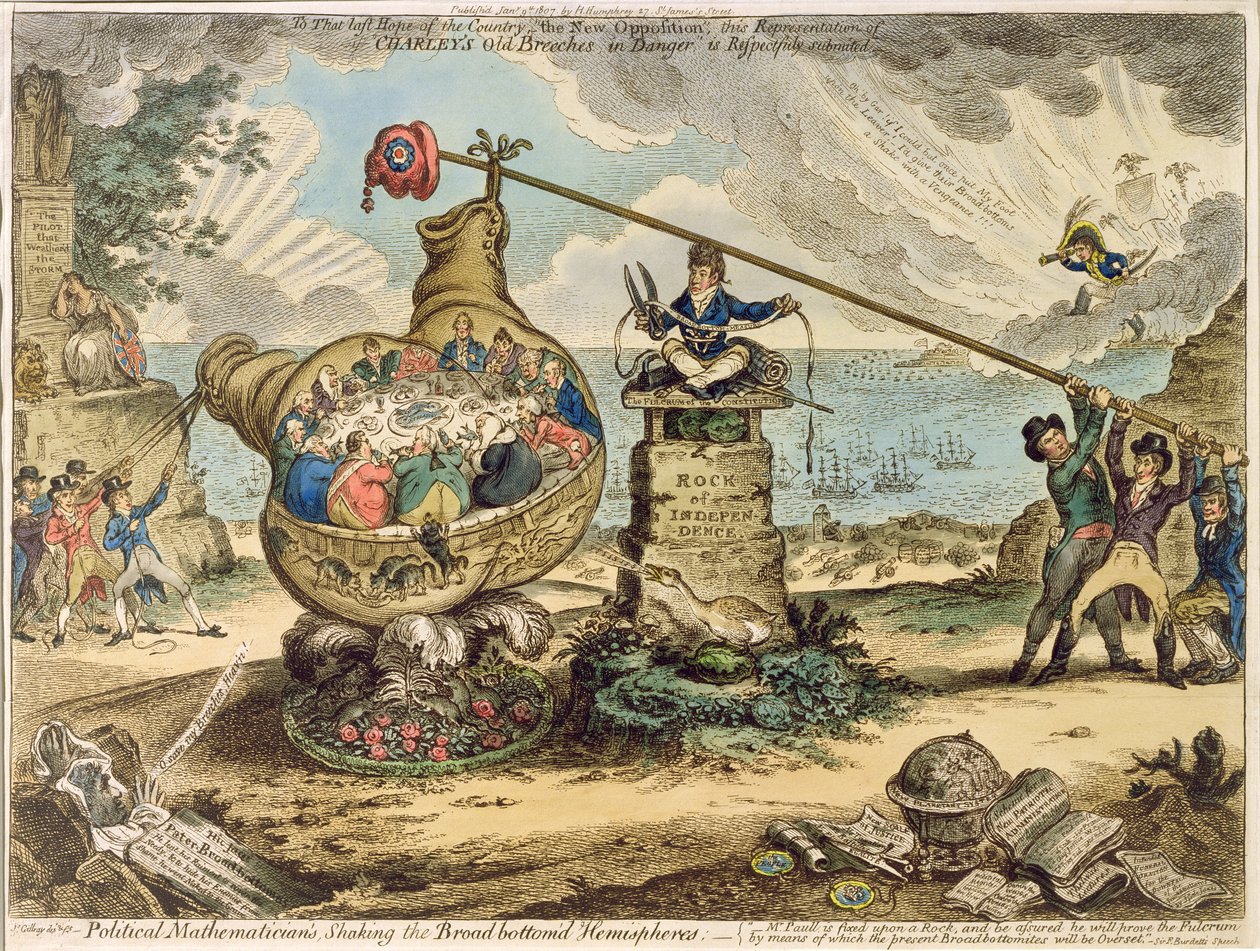 علماء الرياضيات السياسيون يهزون نصف الكرة العريض برودبوتوم ، نشرته هانا همفري في عام 1807 (النقش والنقش) بواسطة جيمس جيلراي