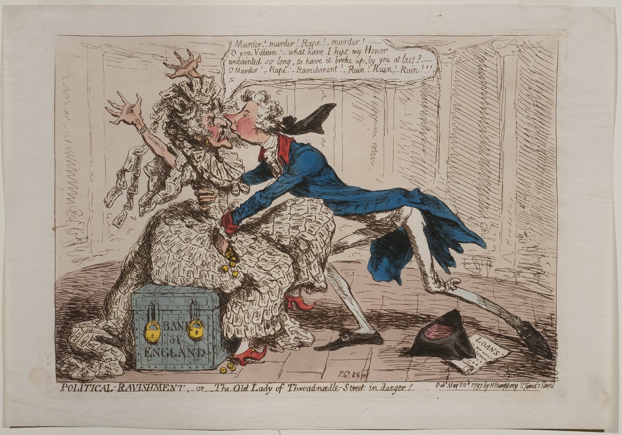 التمزق السياسي ، أو السيدة العجوز لشارع ثريدنديل في خطر !، نشرته هانا همفري ، 1797 (النقش الملون يدويًا) بواسطة جيمس جيلراي