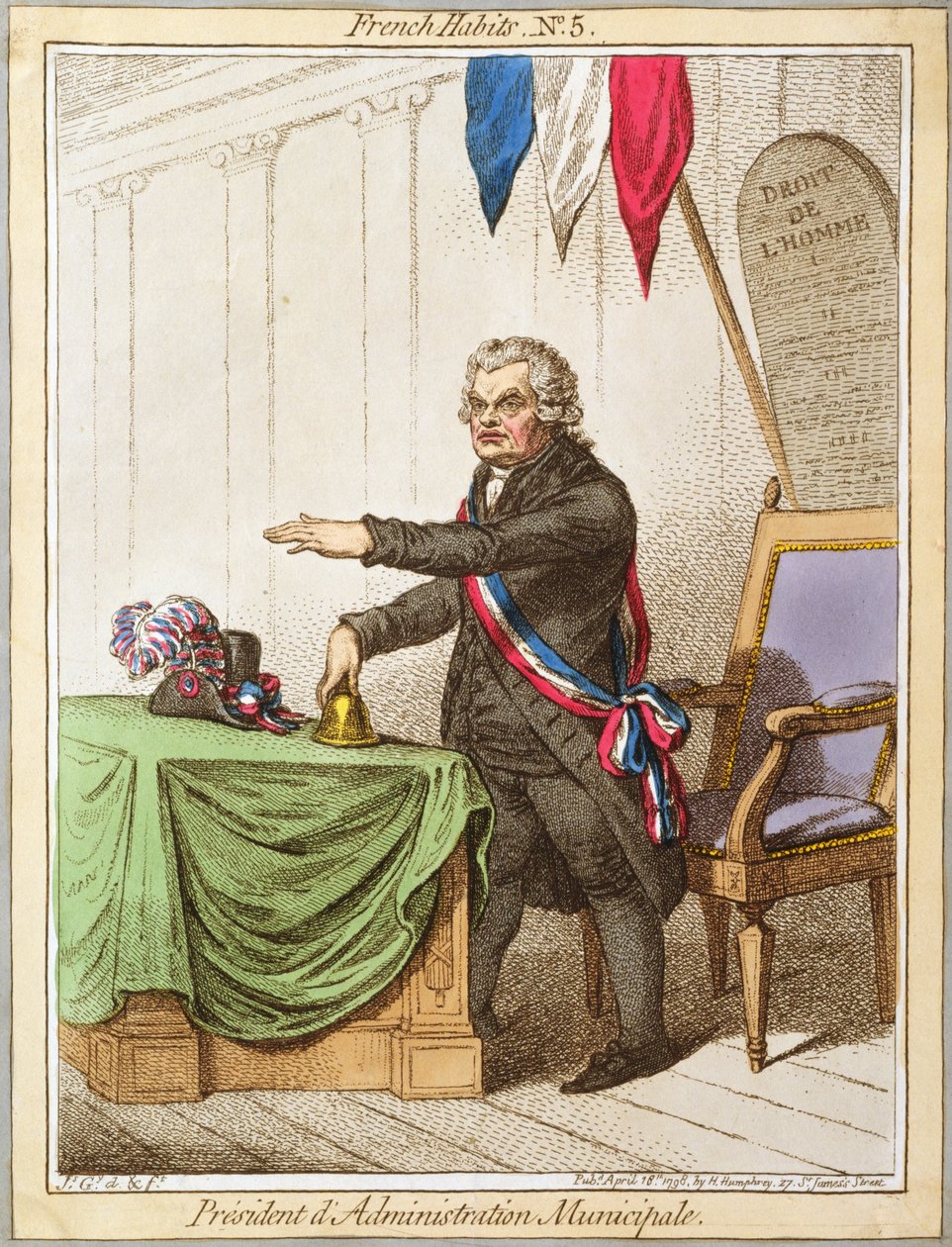 رئيس الإدارة البلدية ، لوحة 5 من العادات الفرنسية نشرتها هانا همفري عام 1798 (النقش الملون) بواسطة جيمس جيلراي
