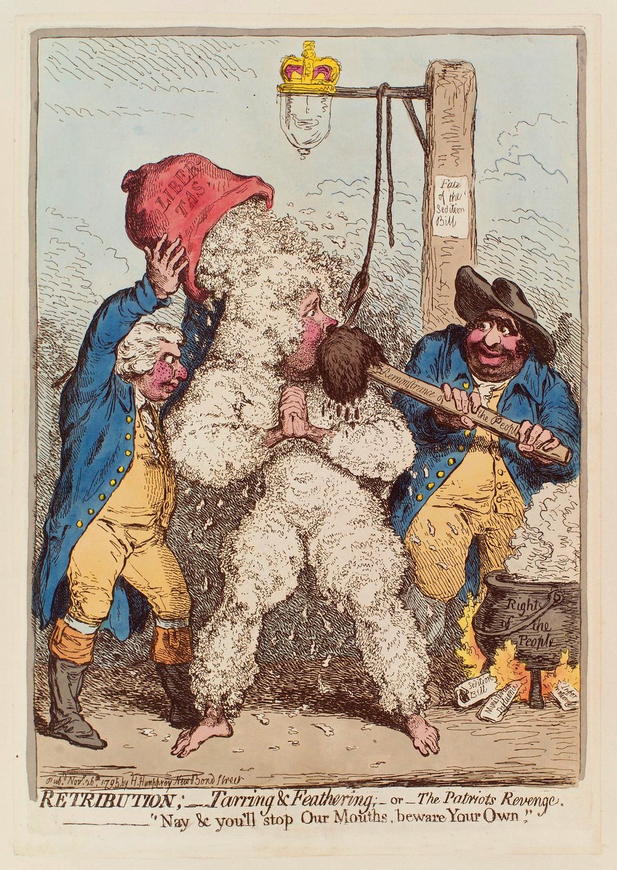 القصاص: Tarring and Feathering ، أو The Patriot's Revenge ، حانة. 1795 نقش ملون باليد. بواسطة جيمس جيلراي