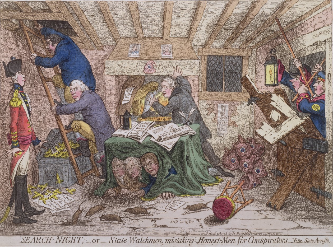 بحث ليلي ، أو The State Watchmen Mistaking Honest-men for Conspirators ، نشرته هانا همفري في 1798 (النقش الملون يدويًا) بواسطة جيمس جيلراي