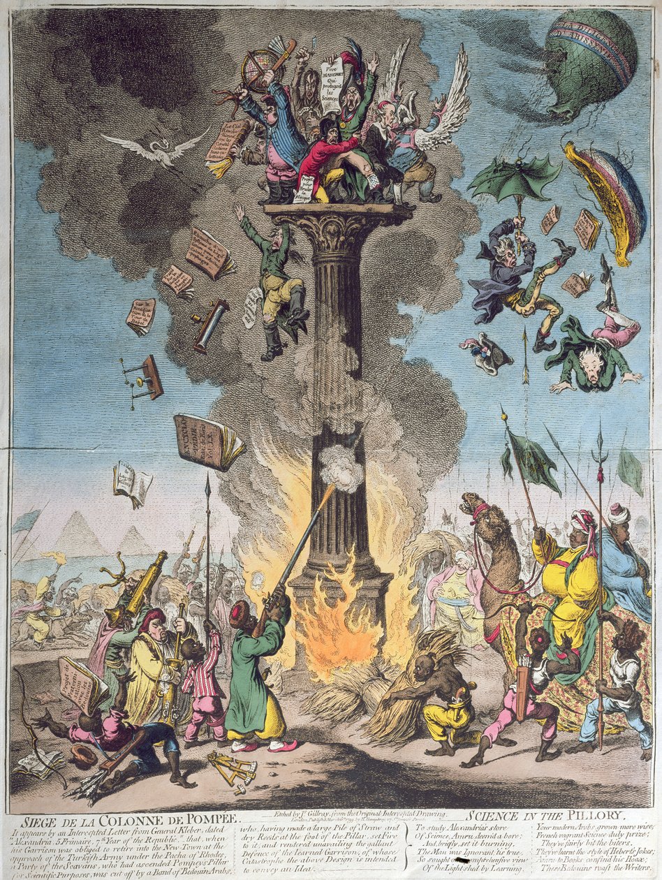 Siege de la Colonne de Pompee ، أو Science in the Pillory ، التي نشرها H.Humphrey في عام 1799 (النقش ، النقش ومرحاض) بواسطة جيمس جيلراي