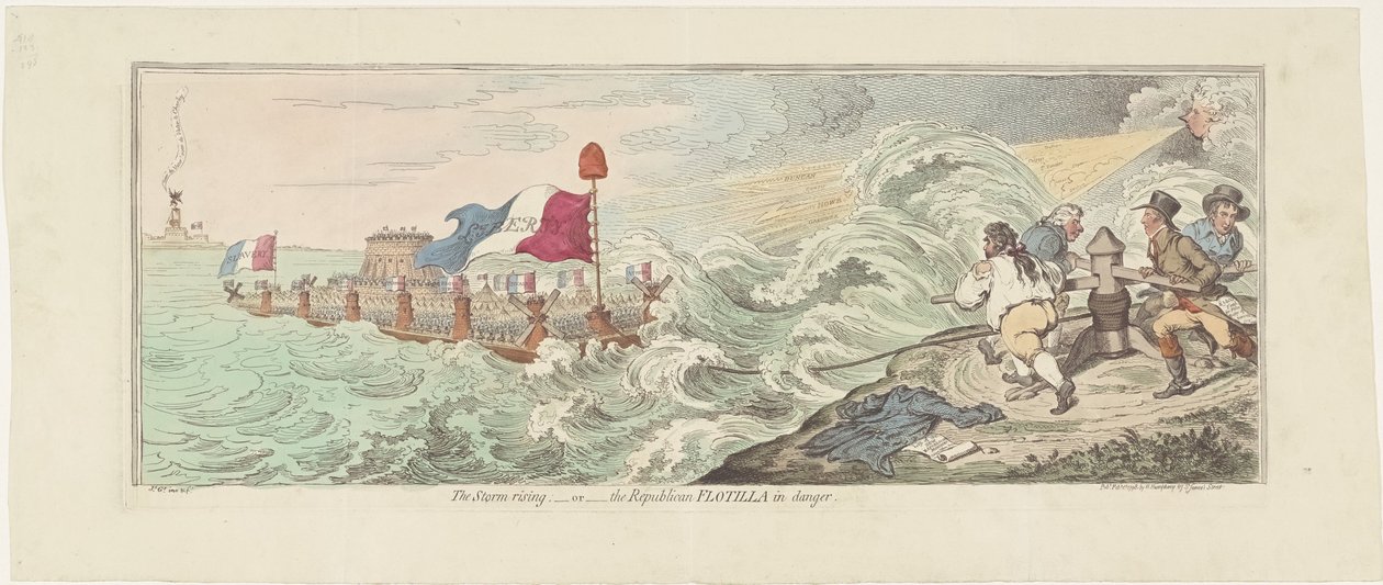 رسم كاريكاتوري عن الخطط الفرنسية لغزو إنجلترا ، 1798 صعود العاصفة - أو - الأسطول الجمهوري في خطر (العنوان على الكائن) بواسطة جيمس جيلراي