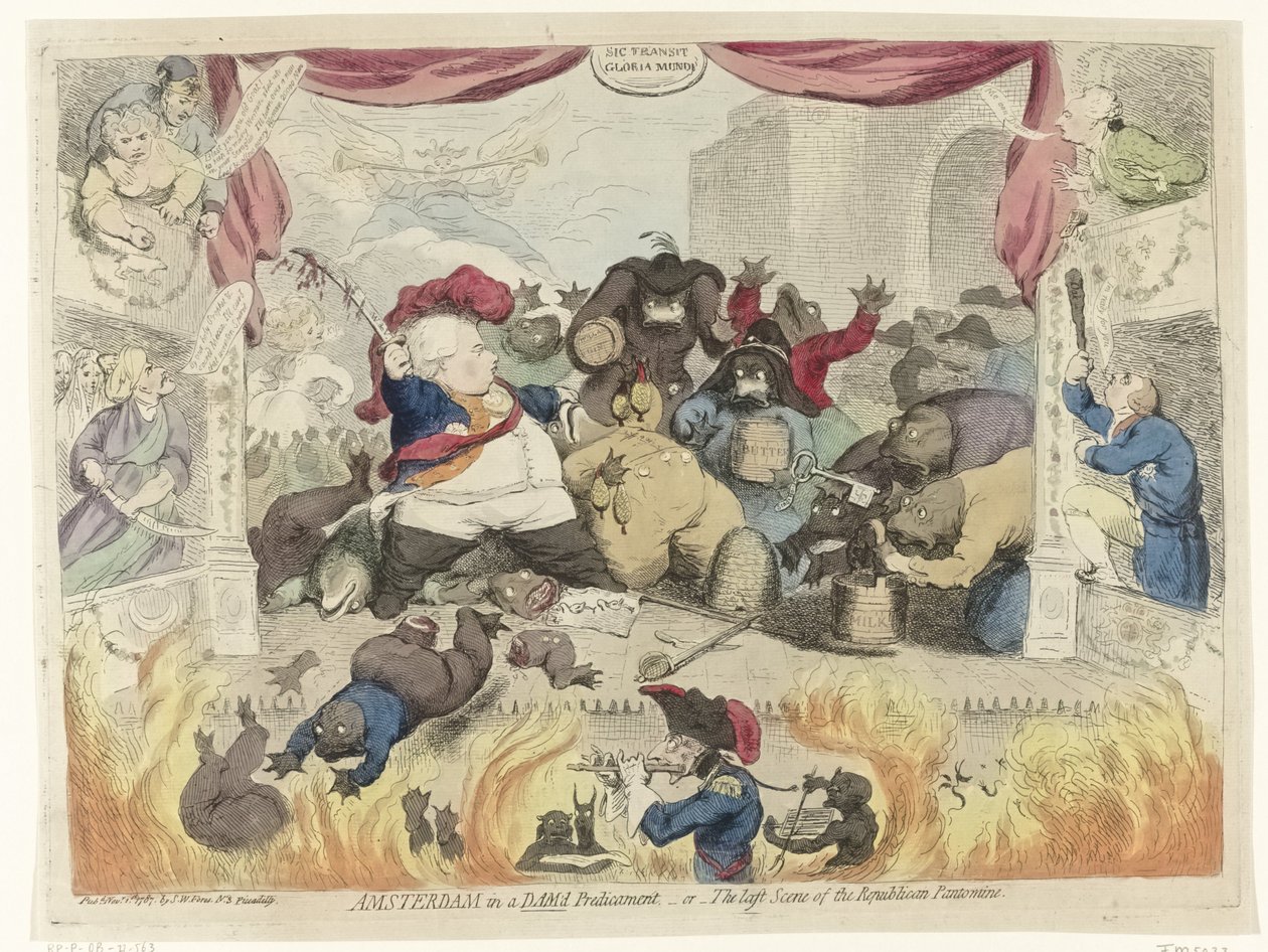 رسم كاريكاتوري عن الذعر بين الوطنيين بعد شفاء صاحب الملاعب ويليام الخامس ، 1787 أمستردام في مأزق دام ، - أو - المشهد الأخير لبانتومايم الجمهوري (العنوان على الكائن) بواسطة جيمس جيلراي
