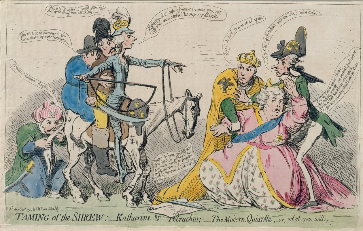 ترويض النمرة: Katherine und Petruchio ، أو The Modern Quixote ، التي نشرتها SW Fores في عام 1791 (النقش الملون يدويًا) بواسطة جيمس جيلراي