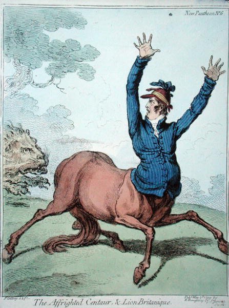 القنطور المتأثر والأسد البريطاني ، الذي نشرته هانا همفري عام 1799 (نقش ملون يدويًا) بواسطة جيمس جيلراي