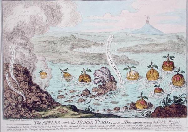The Apples and the Horse-Turds ، أو Buonaparte بين Golden Pippins ، الذي نشرته هانا همفري في عام 1800 (نقش ملون يدويًا) بواسطة جيمس جيلراي