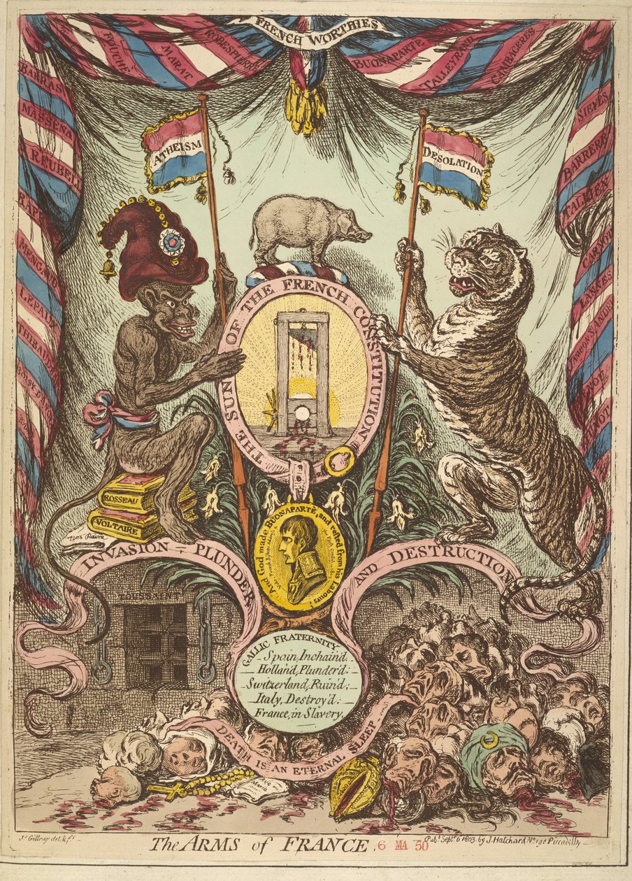 The Arms of France ، رسم توضيحي من "الأوراق النقدية اليدوية والوطنية والأغاني والعناوين وما إلى ذلك بشأن الغزو المهدد لبريطانيا العظمى من قبل بونابرت" المنشور في لندن بواسطة جيمس جيلراي