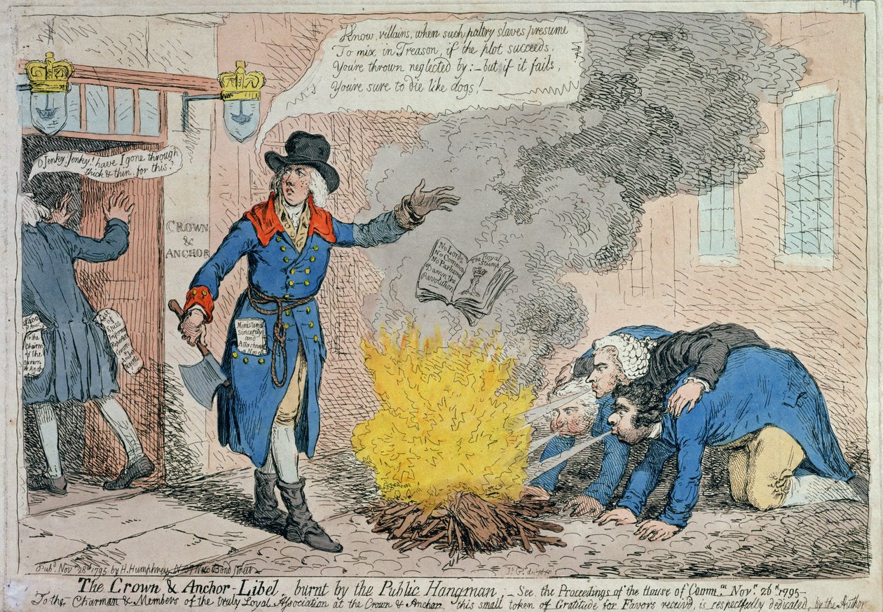 The Crown und Anchor Libel أحرقه الجلاد العام ، نشرته هانا همفري في عام 1795 (النقش الملون يدويًا) بواسطة جيمس جيلراي
