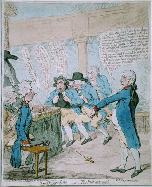 مشهد خنجر ، أو The Plot Discover'd ، الذي نشرته هانا همفري في عام 1792 (نقش ملون يدويًا) بواسطة جيمس جيلراي