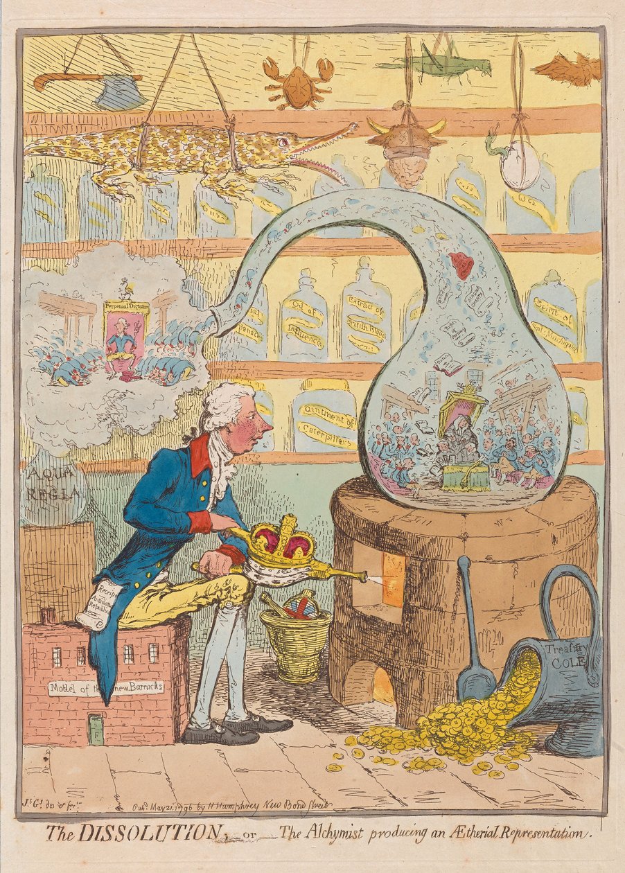 The Dissolution أو The Alchymist إنتاج تمثيل Aetherial ، حانة. 1796 (نقش ملون) بواسطة جيمس جيلراي