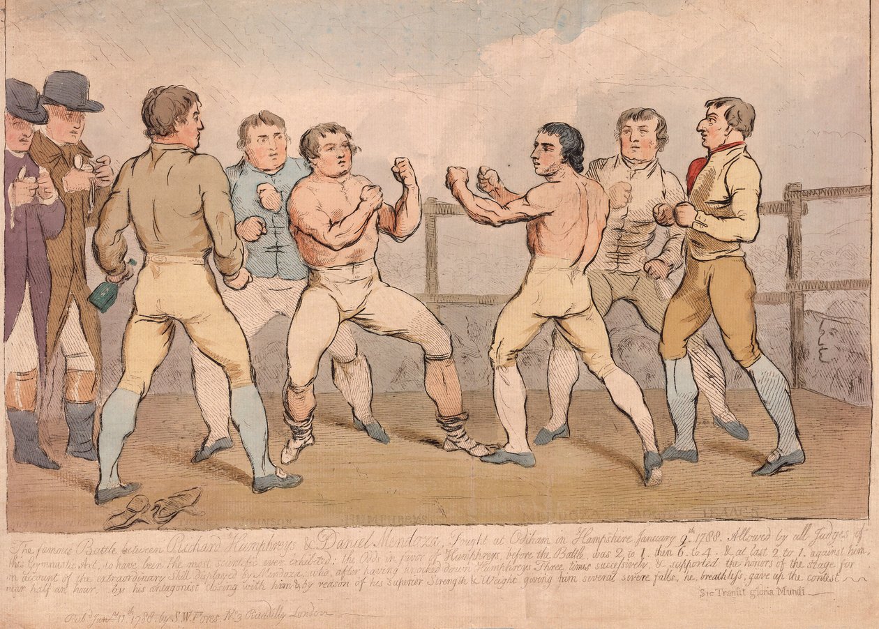 المعركة الشهيرة بين ريتشارد همفريز ودانيال ميندوزا ، 9 يناير 1788 ، حانة. 1788 (نقش ملون) بواسطة جيمس جيلراي