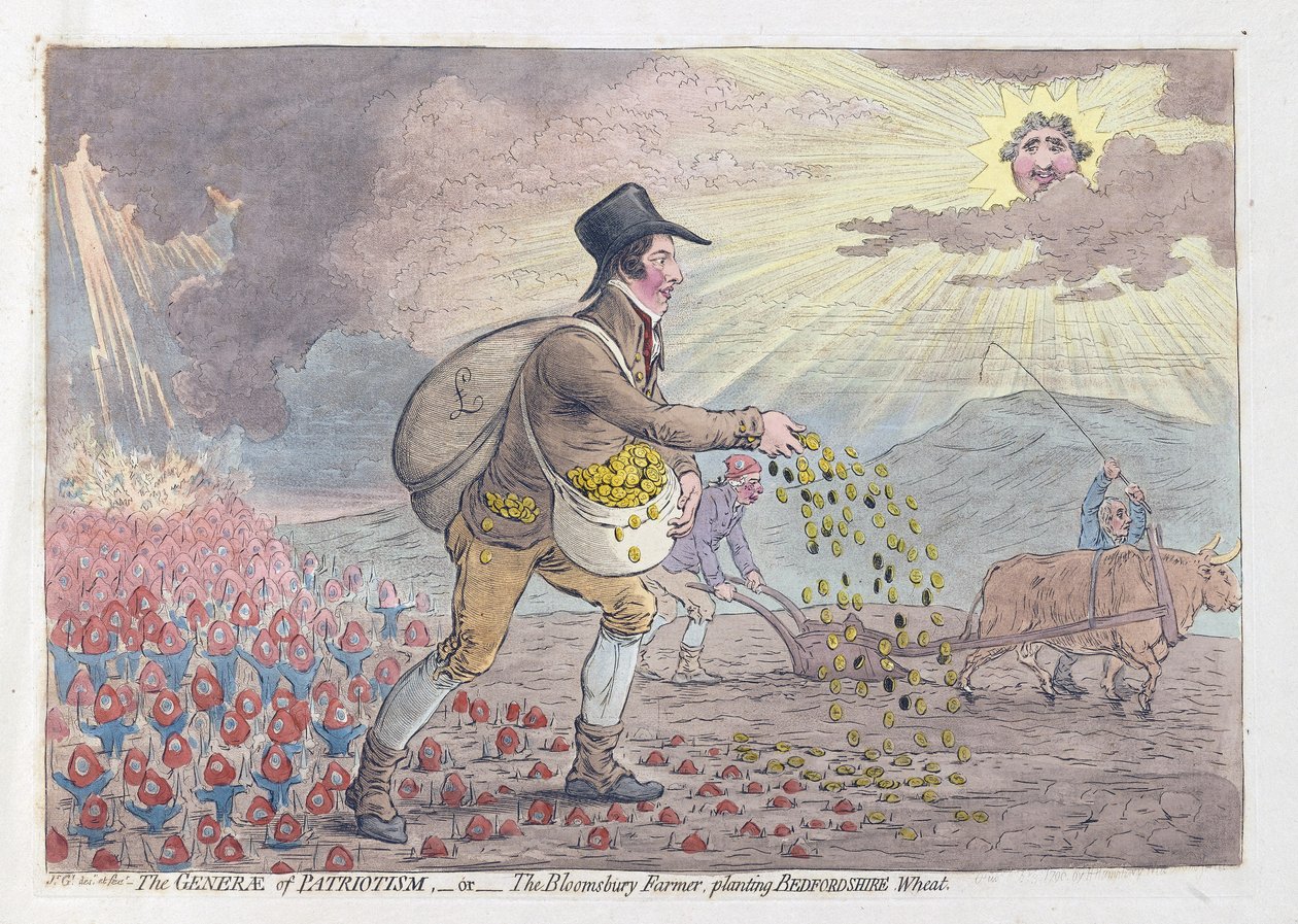 Generae of Patriotism ، أو The Bloomsbury Farmer يزرع Bedfordshire Wheat ، حانة. 1796 (نقش ملون) بواسطة جيمس جيلراي