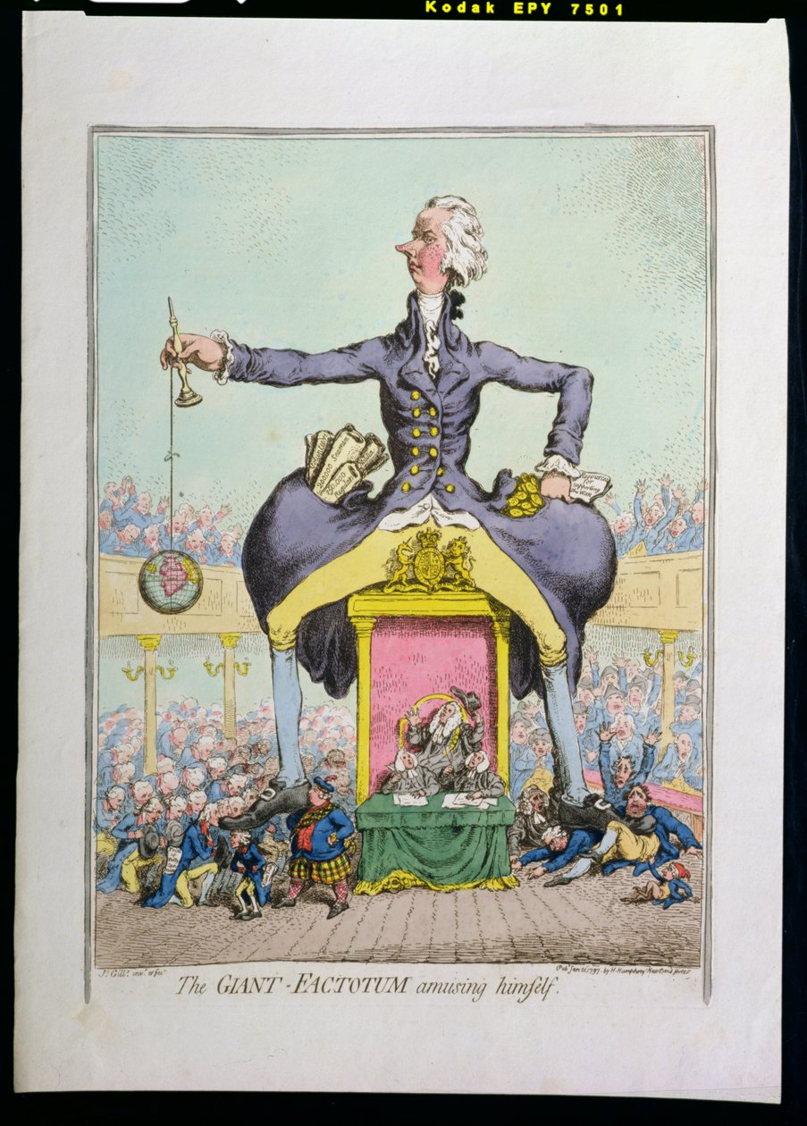 The Giant Factotum يسلي نفسه ، نشرته هانا همفري في عام 1797 (النقش الملون يدويًا) بواسطة جيمس جيلراي