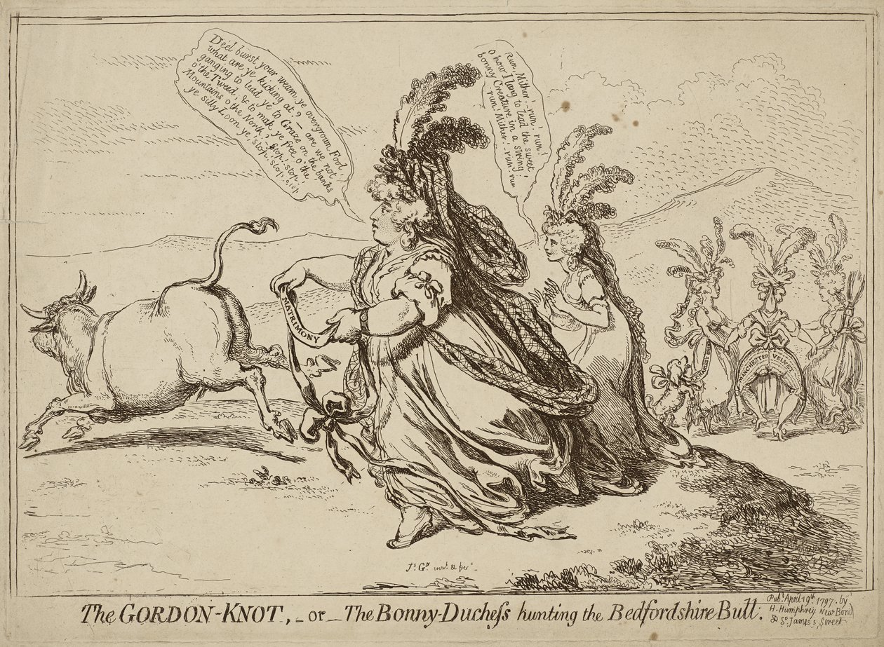 The Gordon Knot or The Bonny-Duchess Hunting the Bedfordshire Bull ، تم نشره في 29 أبريل 1797 (النقش على ورق منسوج) بواسطة جيمس جيلراي