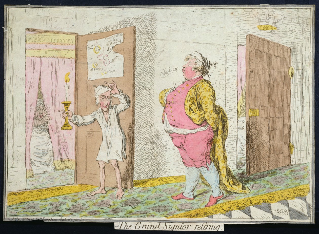The Grand-Signior Retiring ، التي نشرتها هانا همفري في عام 1796 (النقش الملون يدويًا) بواسطة جيمس جيلراي