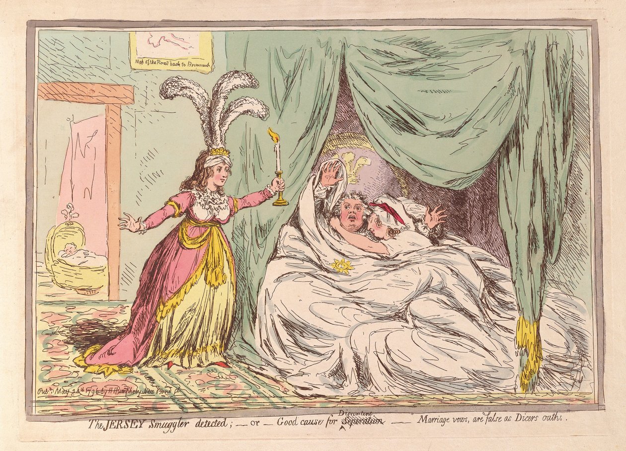 اكتشف جيرسي المهرب ، أو سبب وجيه للانفصال ، نذور الزواج كاذبة مثل قسم Dicers ، حانة. 1796 (نقش ملون) بواسطة جيمس جيلراي