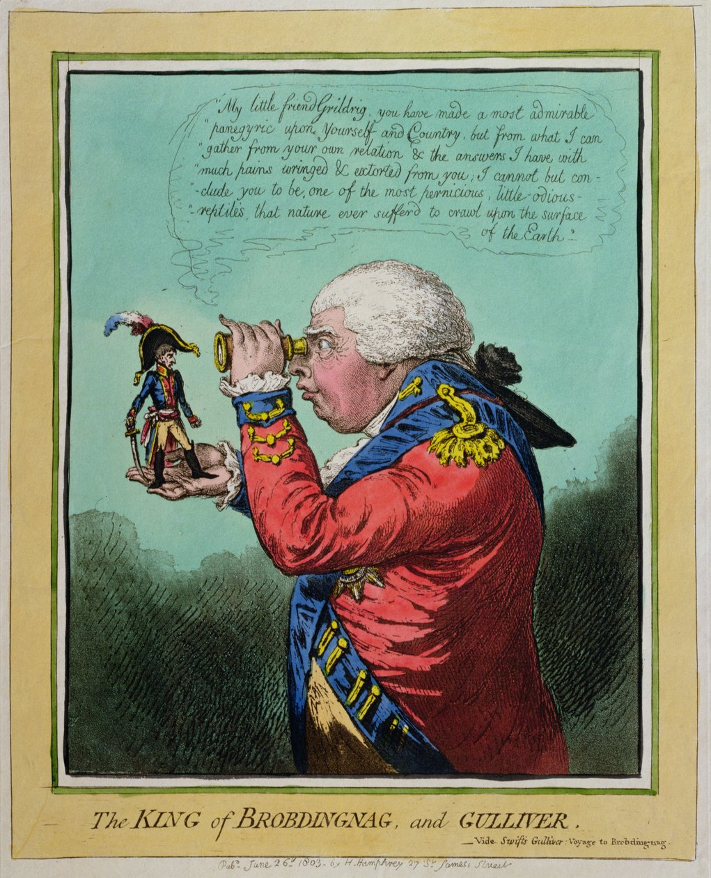 ملك Brobdingnag و Gulliver ، نشرته هانا همفري في عام 1803 (النقش الملون يدويًا) بواسطة جيمس جيلراي