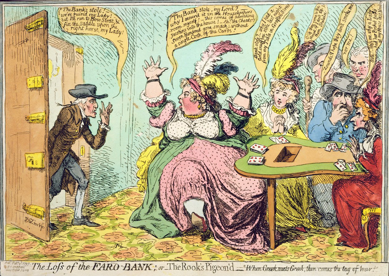 خسارة The Faro Bank ، أو The Rook&39;s Pigeon&39;d ، نشرتها هانا همفري في 1792 (النقش الملون يدويًا) بواسطة جيمس جيلراي