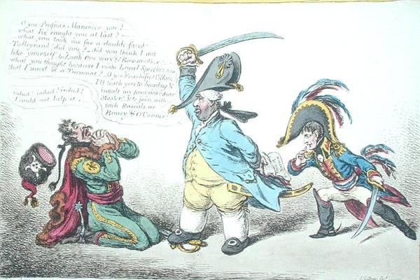الوزير العظيم يعاقب الغدر البروسي ، الذي نشرته هانا همفري عام 1806 (نقش ملون يدويًا) بواسطة جيمس جيلراي