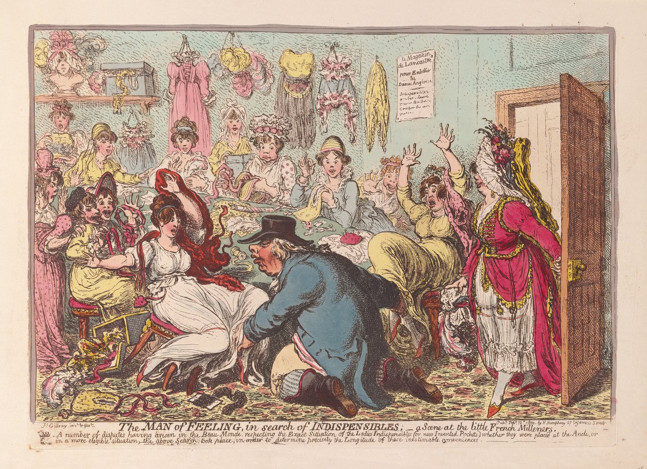 رجل الشعور الذي يبحث عن الأشياء التي لا غنى عنها ؛ مشهد في الحانة الفرنسية Milliners الصغيرة. 1800 (نقش يدوي) بواسطة جيمس جيلراي