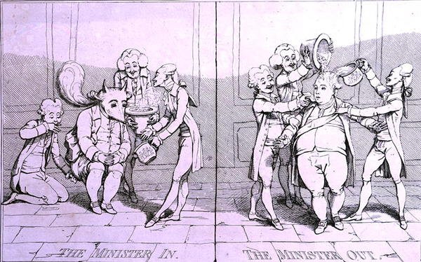 The Minister In - The Minister Out ، الذي نشره ويليام همفري عام 1782 (حفر) بواسطة جيمس جيلراي