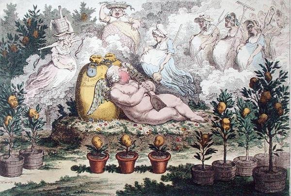 The Orangerie ، أو The Dutch Cupid reposing ، بعد تعب الزراعة ، نشرته هانا همفري في عام 1796 (نقش ملون يدويًا) بواسطة جيمس جيلراي