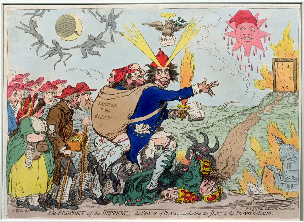 نبي العبرانيين: أمير السلام ينقل اليهود إلى أرض الموعد ، نشرته هانا همفري عام 1795 (حفر يدوي) بواسطة جيمس جيلراي
