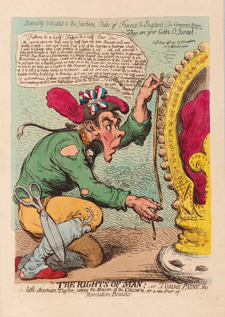 حقوق الإنسان ، أو Tomm Paine ، Little American Taylor الذي يقيس التاج لزوج جديد من الثورة المؤخرات ، حانة. 1791 (نقش يدوي) بواسطة جيمس جيلراي