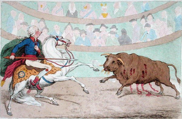 The Royal Bull-Fight ، التي نشرتها هانا همفري في عام 1795 (نقش ملون يدويًا) بواسطة جيمس جيلراي