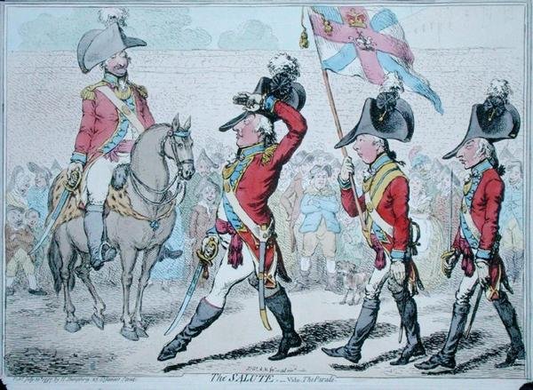 The Salute ، أو The Parade ، الذي نشرته هانا همفري في عام 1797 (نقش ملون يدويًا) بواسطة جيمس جيلراي