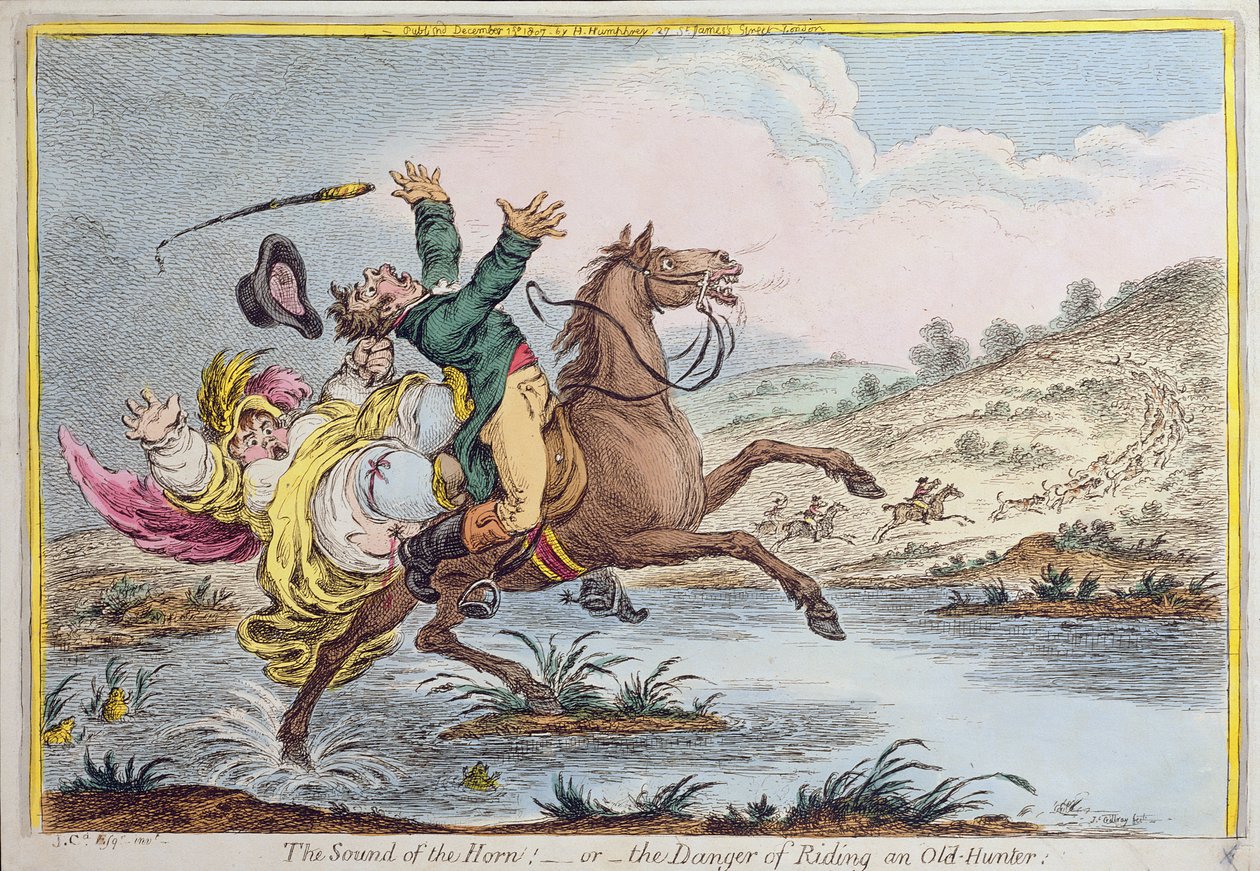 صوت القرن ، أو خطر ركوب صياد قديم ، نشرته هانا همفري في عام 1807 (النقش الملون يدويًا) بواسطة جيمس جيلراي