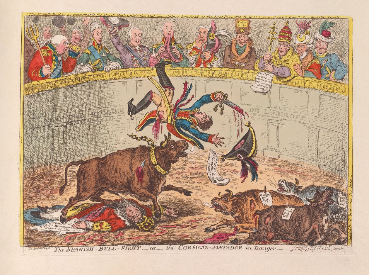 قتال الثور الإسباني أو الكورديكان ماتادور في الحانة ، الحانة. 1805 (نقش يدوي) بواسطة جيمس جيلراي