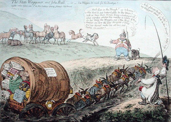 The State Wagoner و John Bull ، أو The Waggon أكثر من اللازم بالنسبة للحمير! نشرتها هانا همفري عام 1804 (حفر ملون يدويًا) بواسطة جيمس جيلراي