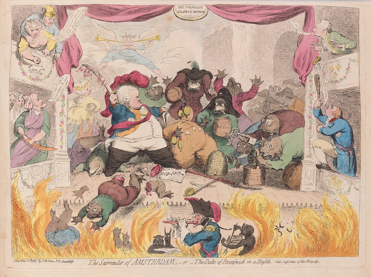استسلام أمستردام أو دوق برونزويك في صخب ، حانة. 1787 (نقش ملون يدوي) بواسطة جيمس جيلراي