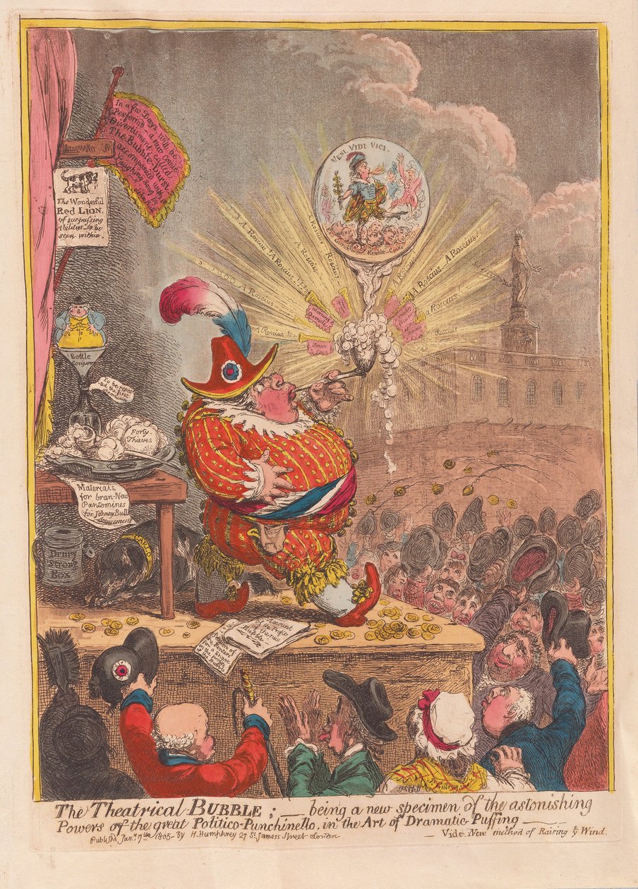 The Theatrical Bubble: كونها عينة جديدة من السلطات المدهشة من Politico-Punchinello العظيمة في فن النفخ الدرامي ، الحانة. 1805 (نقش يدوي) بواسطة جيمس جيلراي