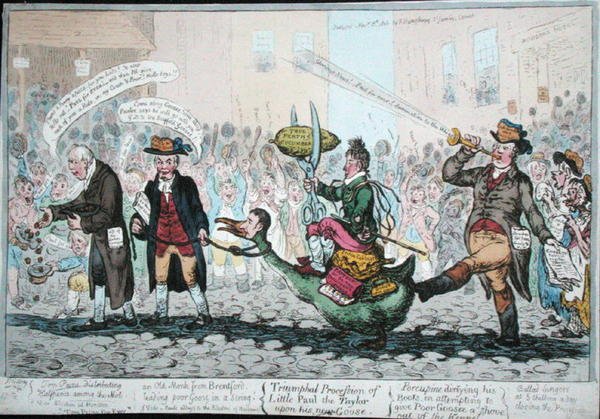 موكب انتصار ليتل بول تايلور على أوزة جديدة ، نُشرت عام 1806 (نقش ملون يدويًا) بواسطة جيمس جيلراي