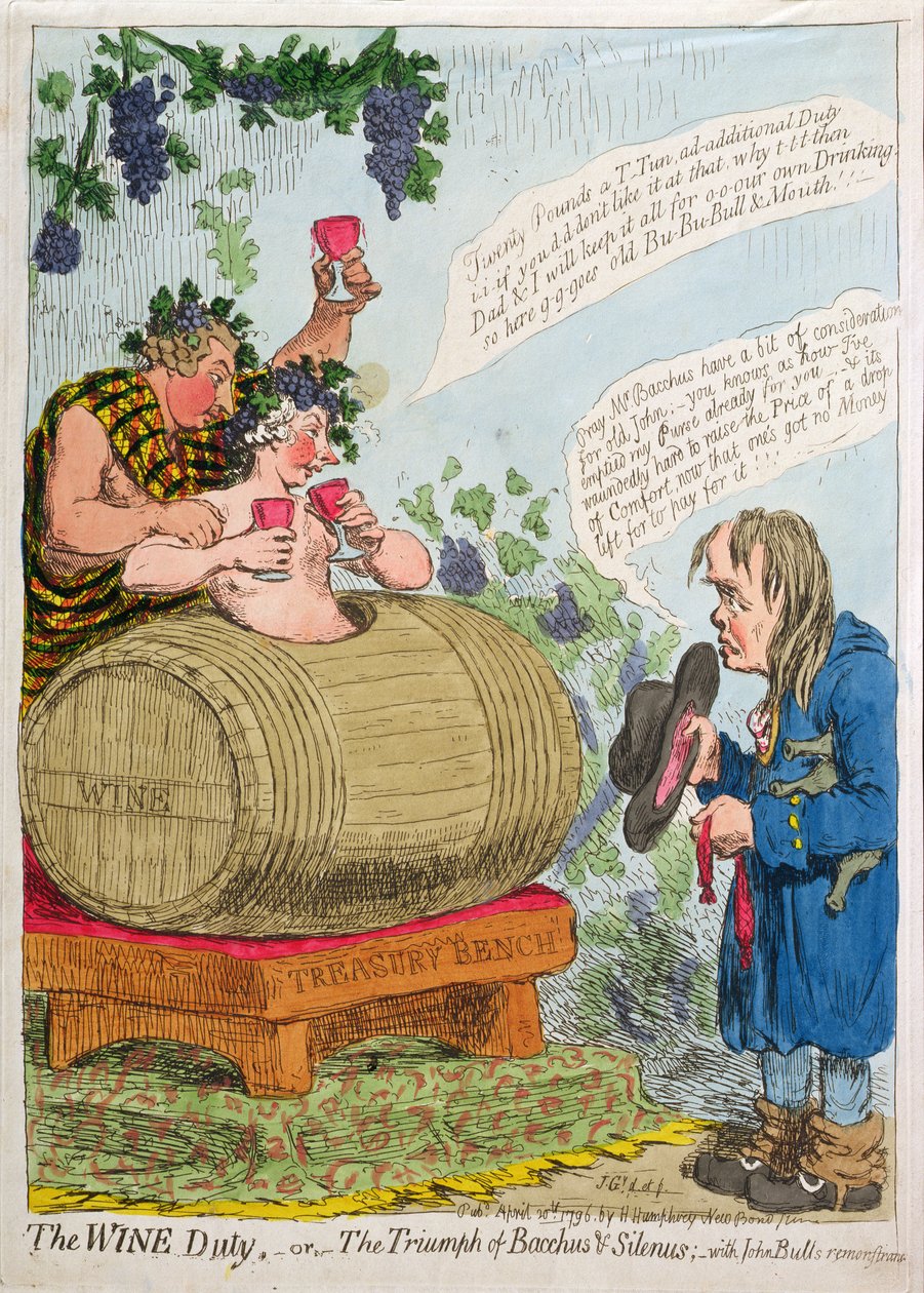 The Wine Duty أو The Triumph of Bacchus and Silenus with John Bull&39;s Remonstrance ، نشرته Hannah Humphrey في عام 1796 (النقش اليدوي) بواسطة جيمس جيلراي