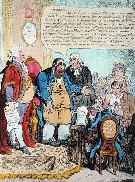 The Worn Out Patriot ، أو آخر خطاب يحتضر لممثل وستمنستر في اجتماع الذكرى السنوية في 10 أكتوبر 1800 ، الذي عقد في شكسبير تافرن ، نشرته هانا همفري في عام 1800 (نقش ملون يدويًا) بواسطة جيمس جيلراي