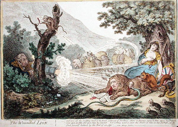 الأسد المجروح ، نشرته هانا همفري عام 1805 (نقش ملون يدويًا) بواسطة جيمس جيلراي