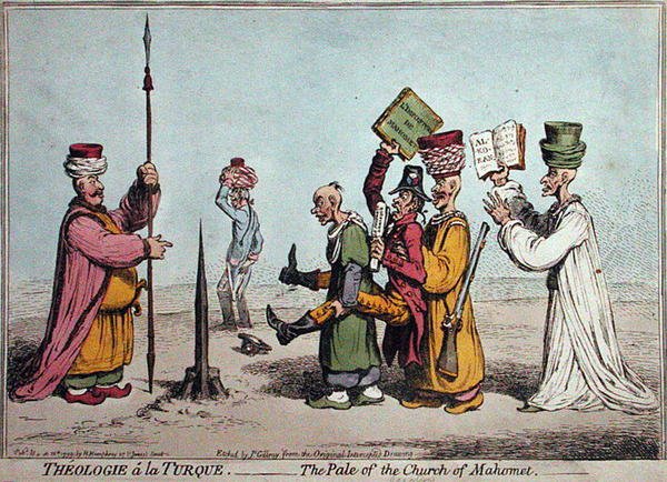 Theologie a la Turque ، The Pale of the Church Mahomet ، التي نشرتها هانا همفري في عام 1799 (نقش ملون يدويًا) بواسطة جيمس جيلراي