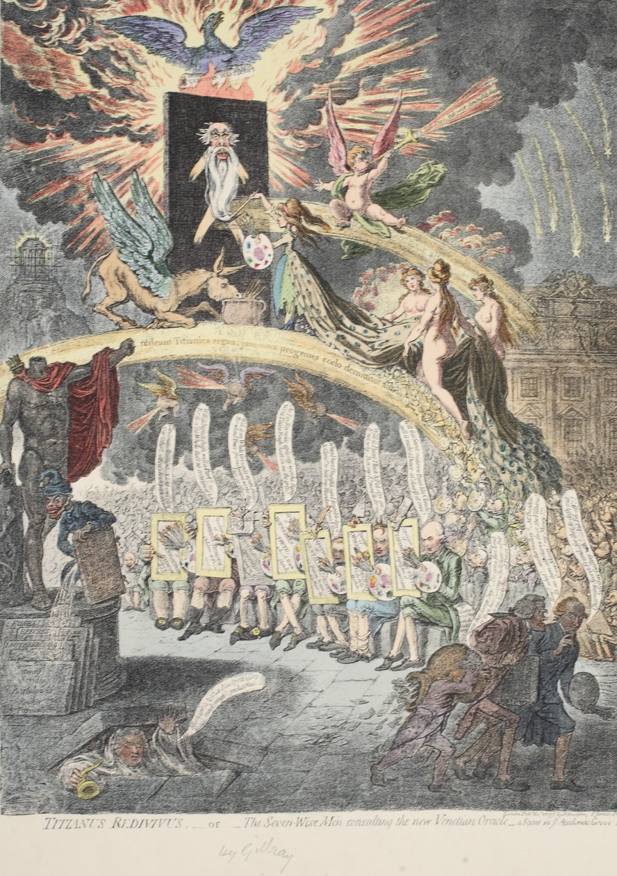 Titianus Redivivus أو Seven Wise Men يتشاورون مع Oracle Venetian الجديد ، وهو مشهد في `` Academic Grove No.1 &39;&39; ، حانة بقلم H. Humphrey November 1797 (نقش ملون باليد) بواسطة جيمس جيلراي