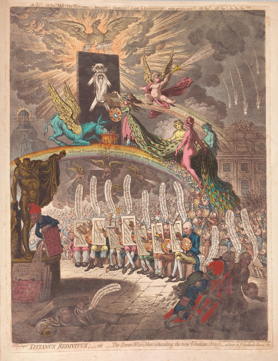 Titianus Redivivus أو Seven Wise Men يتشاورون مع Oracle Venetian الجديد ، وهو مشهد في Academic Grove No.1 ، حانة. 1797 (نقش يدوي) بواسطة جيمس جيلراي