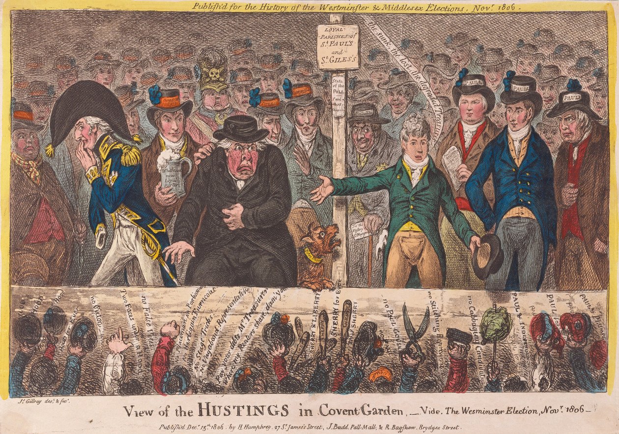 منظر لـ Hustings في كوفنت غاردن - انتخابات وستمنستر نوفمبر 1806 ، حانة. 1806 (نقش يدوي) بواسطة جيمس جيلراي